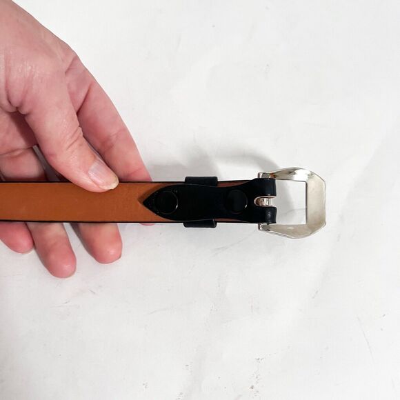 Genuine Shrunken Calf Leather Belt Women Size 32 Black Silver Slim Skinny - Picture 3 of 6